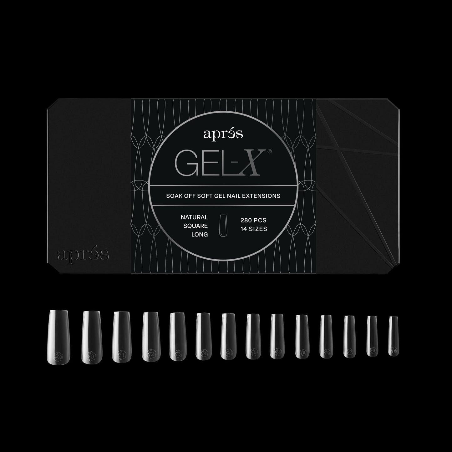 Aprés Gel-X® Square Box of Nail Tips | 280 Gel-X Tips, Soft Tips, 14 Sizes 00-9 | Half-sizes Included (Natural Square Long, 280 Count)