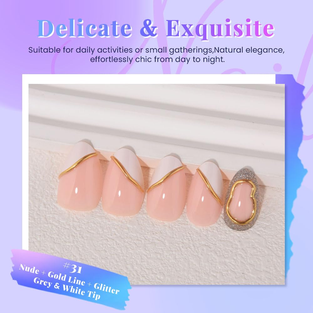 evpct French Tip Press On Nails Short Almond, Nude + Gold Line & White Tips, Silver Gray Glitter Short Almond Fake False Press on Nails, Reusable Gel Stick on nail Press ons with Nail Kit