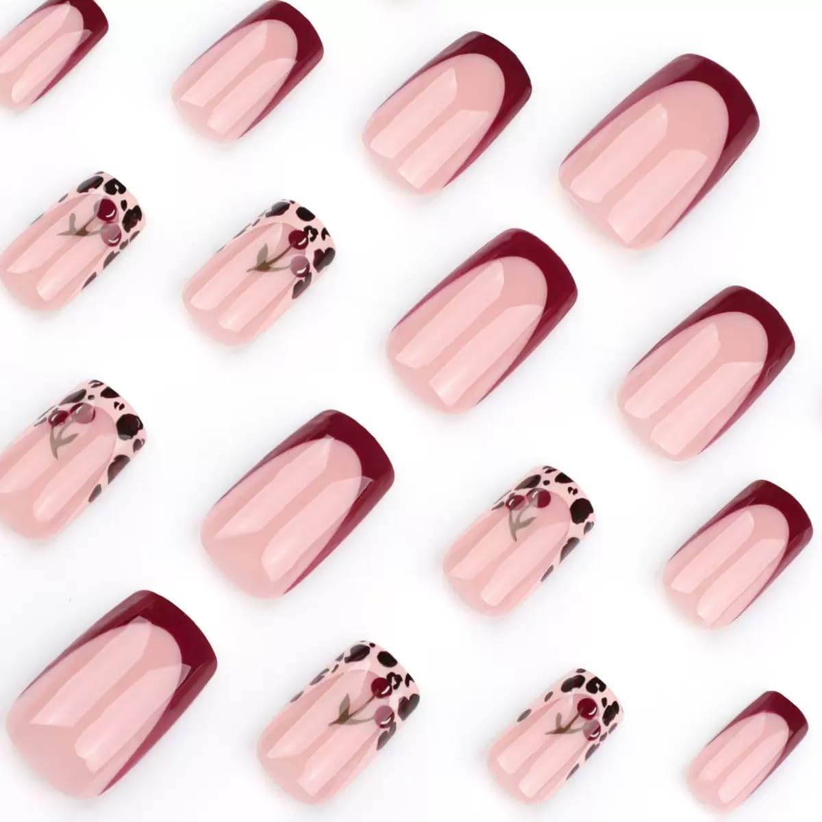 Square Press on Nails Short - French Tip Fake Nails with Leopard Print Cherry Design - Winter Nails Press ons - for Women 24 Pcs