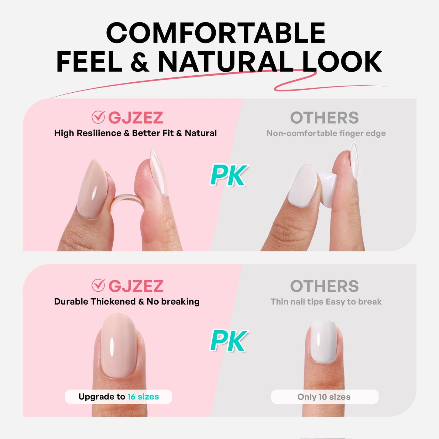 Red Press On Nails with Designs - GJZEZ Soft Gel Glossy Square Nails Press ons with Gold Cuffs French Tip, Salon Quality Fake Nails for Women, 16 Sizes - 32 pcs Long Lasting Reusable Nails, Gold End