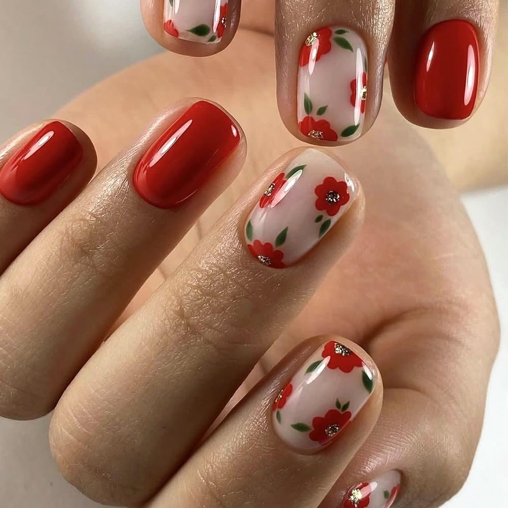 Short Press on Nails Square - Red Fake Nails with Cute Flower Design - Solid Color Full Cover Glossy Stick on Nails for Women - 24 Pcs