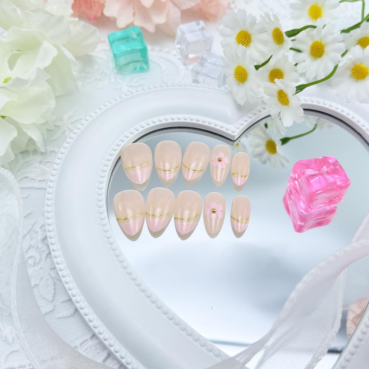 24Pcs Spring Floral Press On Nails Short Almond French Tip Fake Nails with Gold Line & 3D Flower Designs Nude Pink Full Cover False Nails Reusable Acrylic Stick On Nails for Women Manicure Decoration