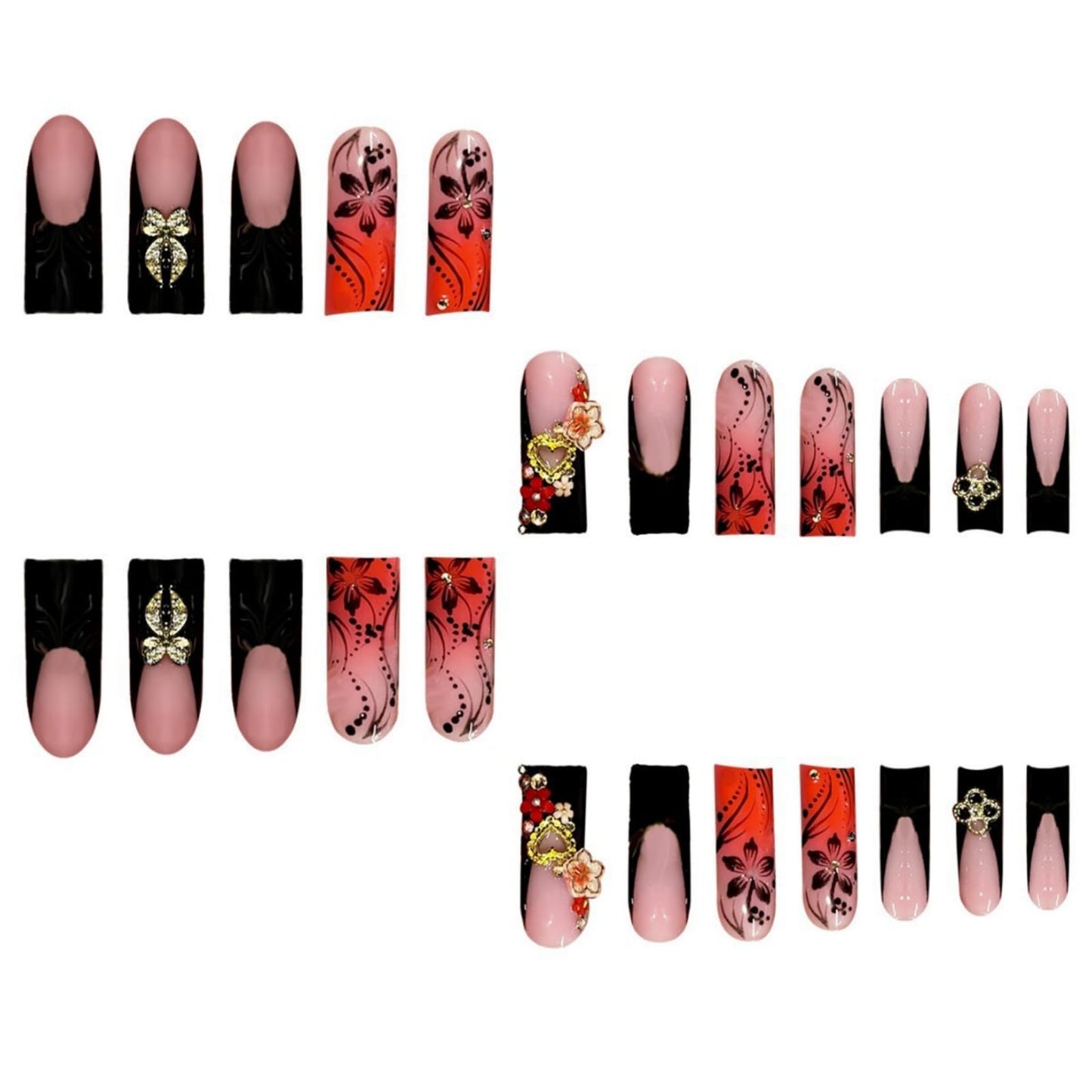 Long Press on Nails Square Fake Nails Red French Artificial Nail with 3D Flowers and Gold Charm Designs Cute Fall Nail Glossy Stick on Nails for Women 24pcs