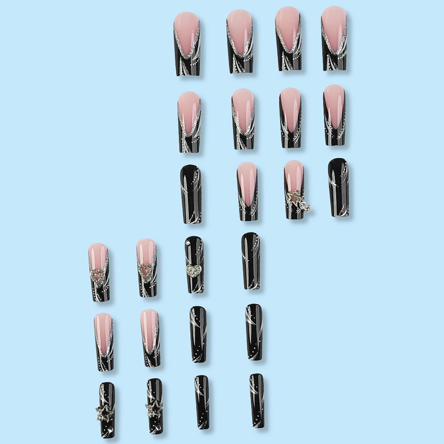 FIEONCIY Press on Nails Coffin Long Black Glossy Full Cover Acrylic Square French False Nails with Star Glitter Designs Artificial Ballerina Fake Nails with Charm Glue Stick on Fingernails for Women