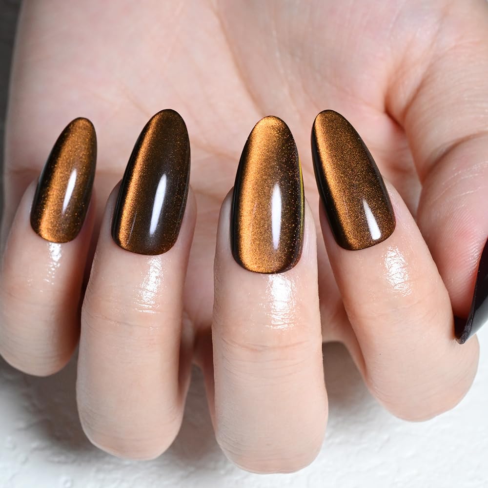 XZMeiLun Cat Eye Orange Brown Press On Nails Almond Medium, Magnetic Acrylic Fake Nails Stylish Design, Salon-Quality Shiny Finish, Reusable Stick On Nails Kit for Women, Daily Wear (No Glue Included)