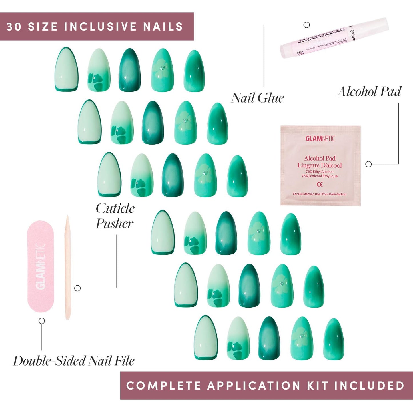 Glamnetic Press On Nails - Siren Green | Short Almond Fake Nails with an Aquamarine Gradient and Tropical Flower Accents, Salon Quality Summer Nails | 15 Sizes - 30 Nail Kit with Glue