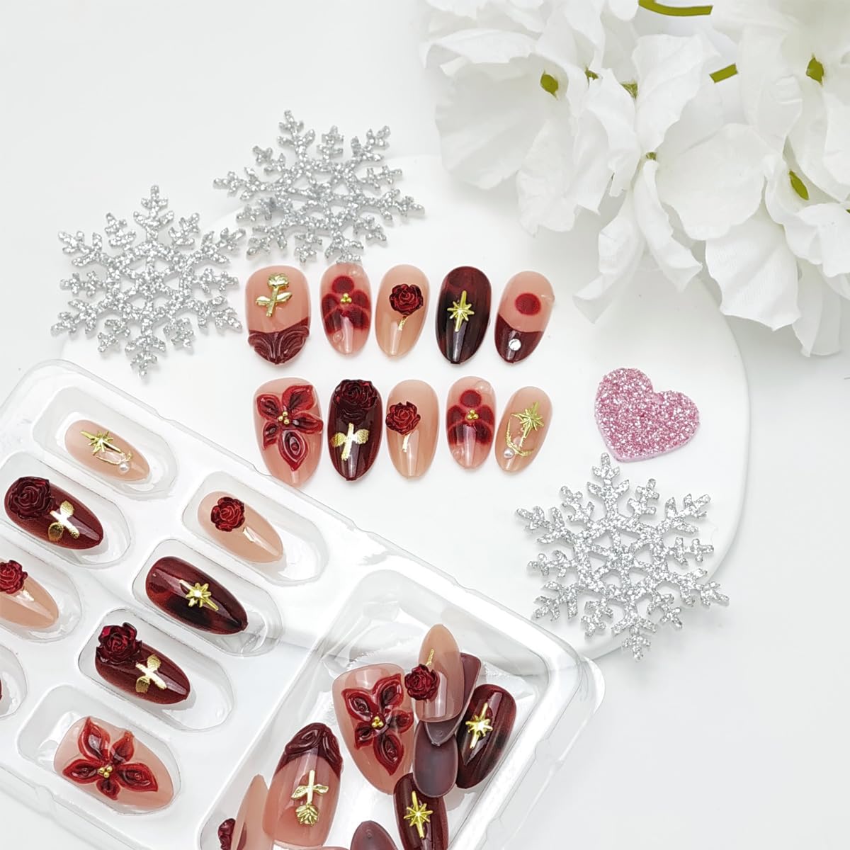 30Pcs Romantic Valentines Press on Nails Short Almond French Tip Fake Nails Red Exquisite Flowers Pearl Designs 3D Handmade Rose False Nails Gilding Full Cover Acrylic Stick on Nail for Women DIY