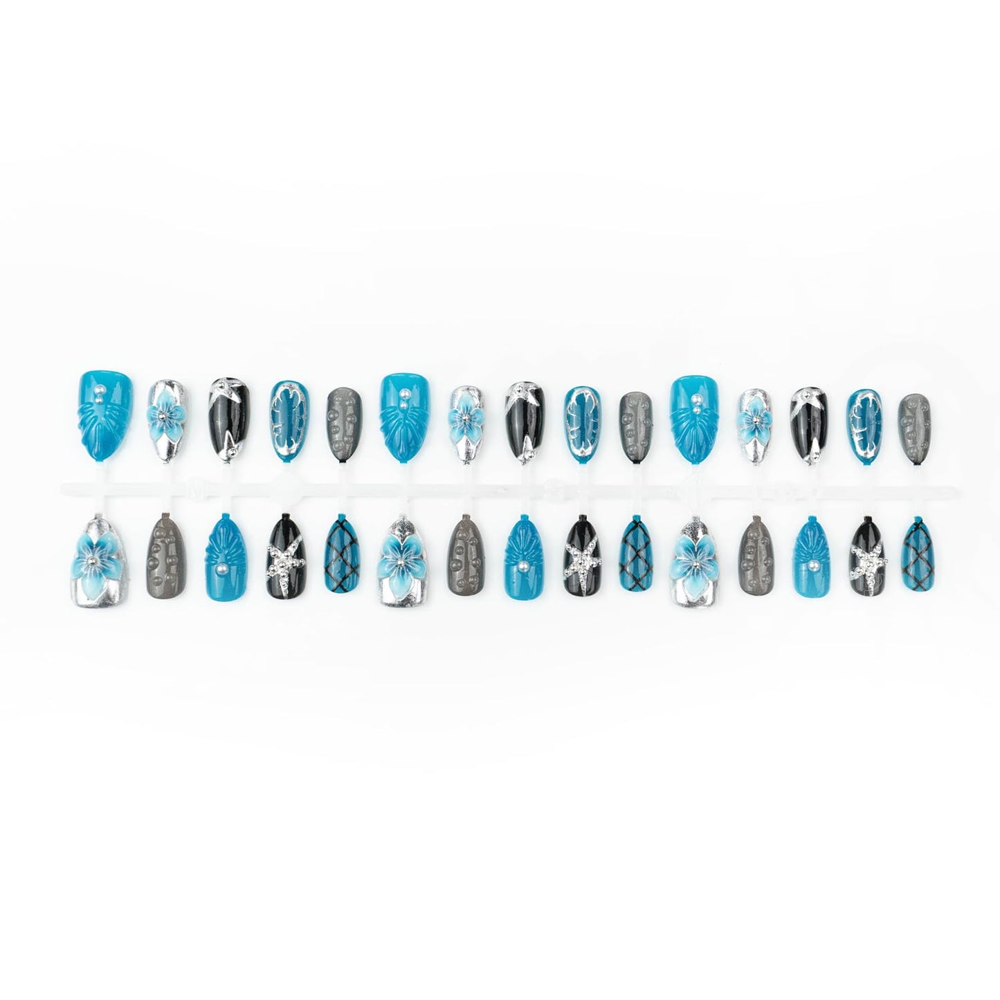 30Pcs Blue Flower Press on Nails Kit Medium Almond Fake Nails 3D Floral Handmade Rhinestone & Silver Star Irregular Design French Full Cover Acrylic Nail Tip Y2K Cute Stick on False Nail for Women