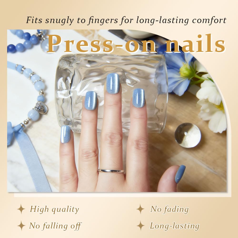evpct Light Blue Cat Eye Short Square Press on Nails, Short Square Stick on Nails for Women, Light Blue Glitter Glossy Fake Nail Reusable Press on Acrylic Fake Nail with Holographic Cat Eye Design
