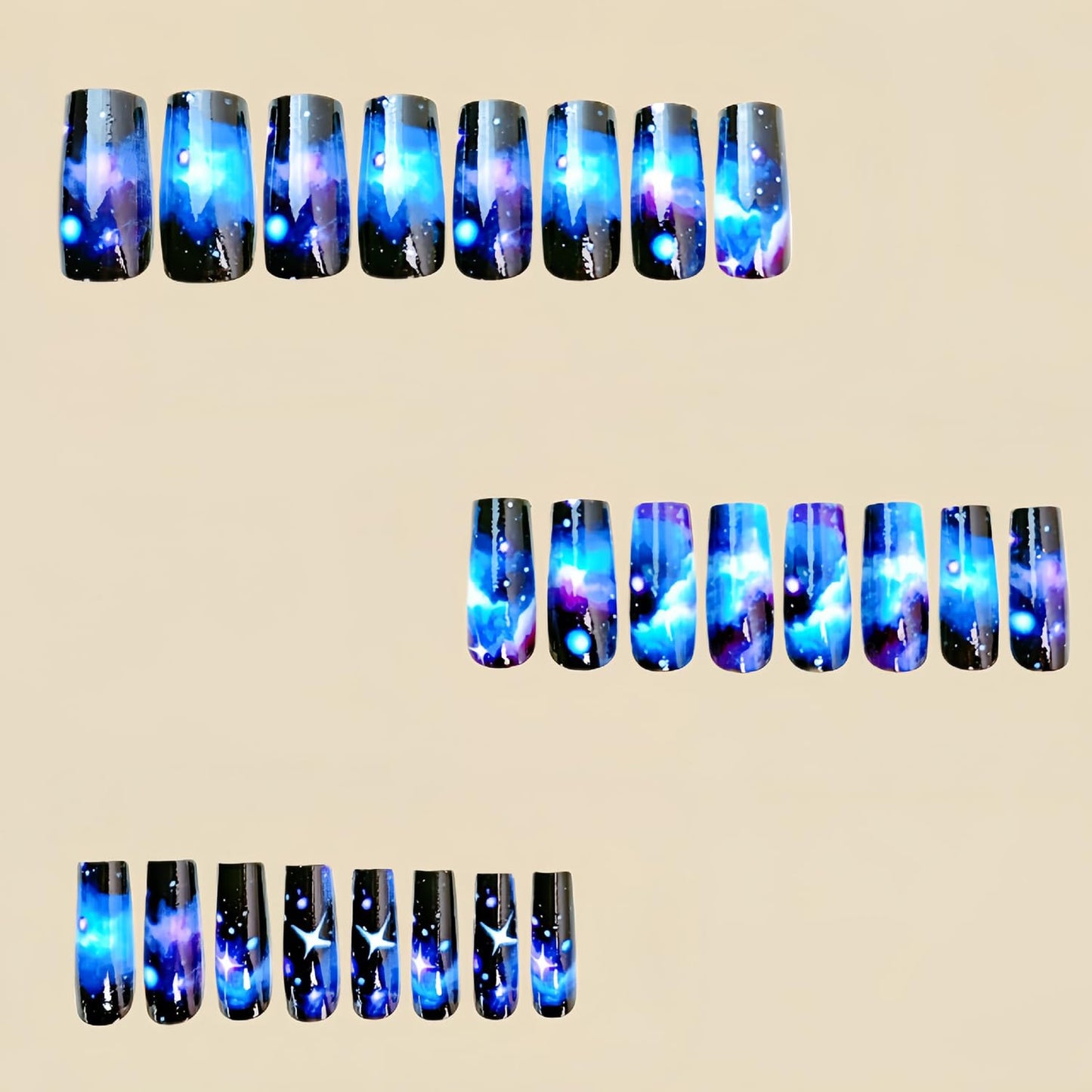 LOPMNGHT 24Pcs Press on Nails Medium Length Starry Sky Smudge False Nails Black Gradient Acrylic Nails Full Cover Stick on Nails Artificial Nails Reusable Glossy Glue on Nails for Women