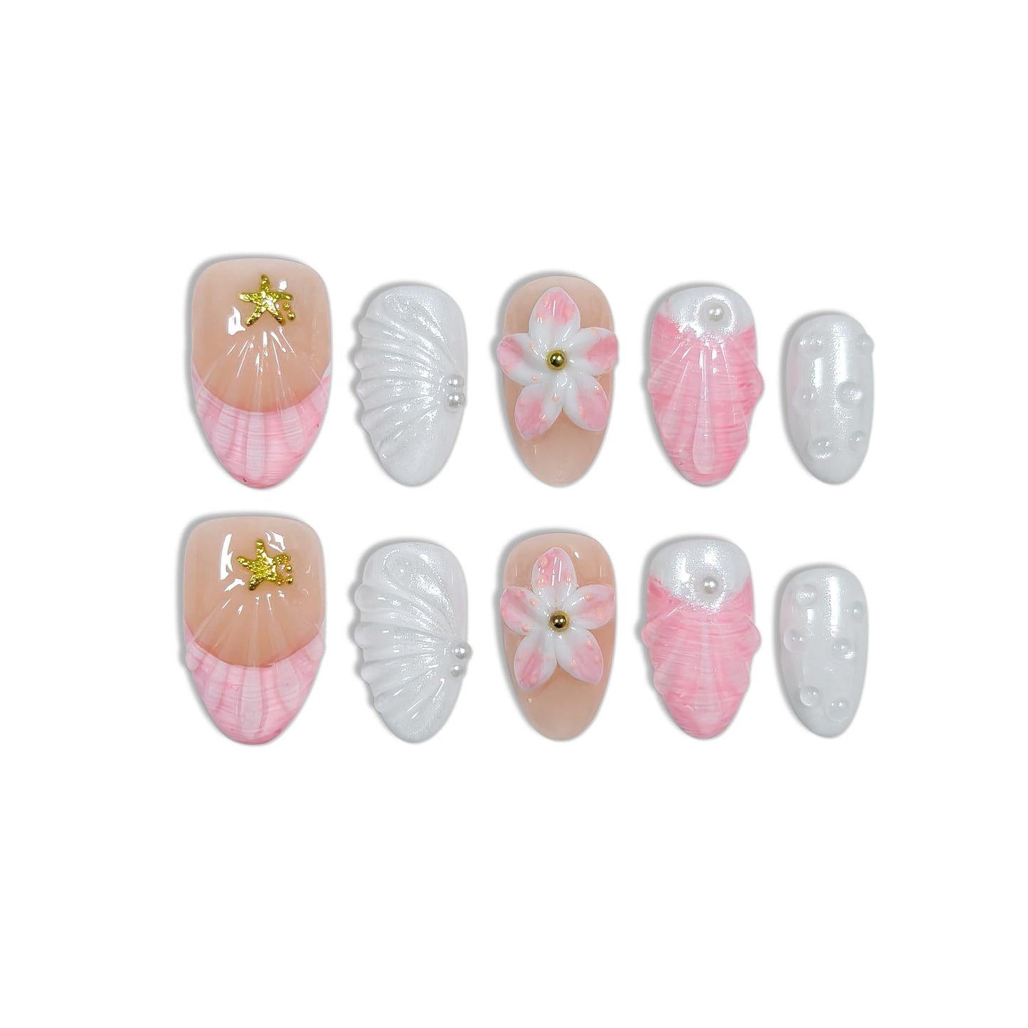 TENPAL Mermaid Press on Nails - Pink French Tips with 3D Shell & Pearl, Summer Floral & Handmade, Reusable Short Oval False Nails for Daily Glam(S)