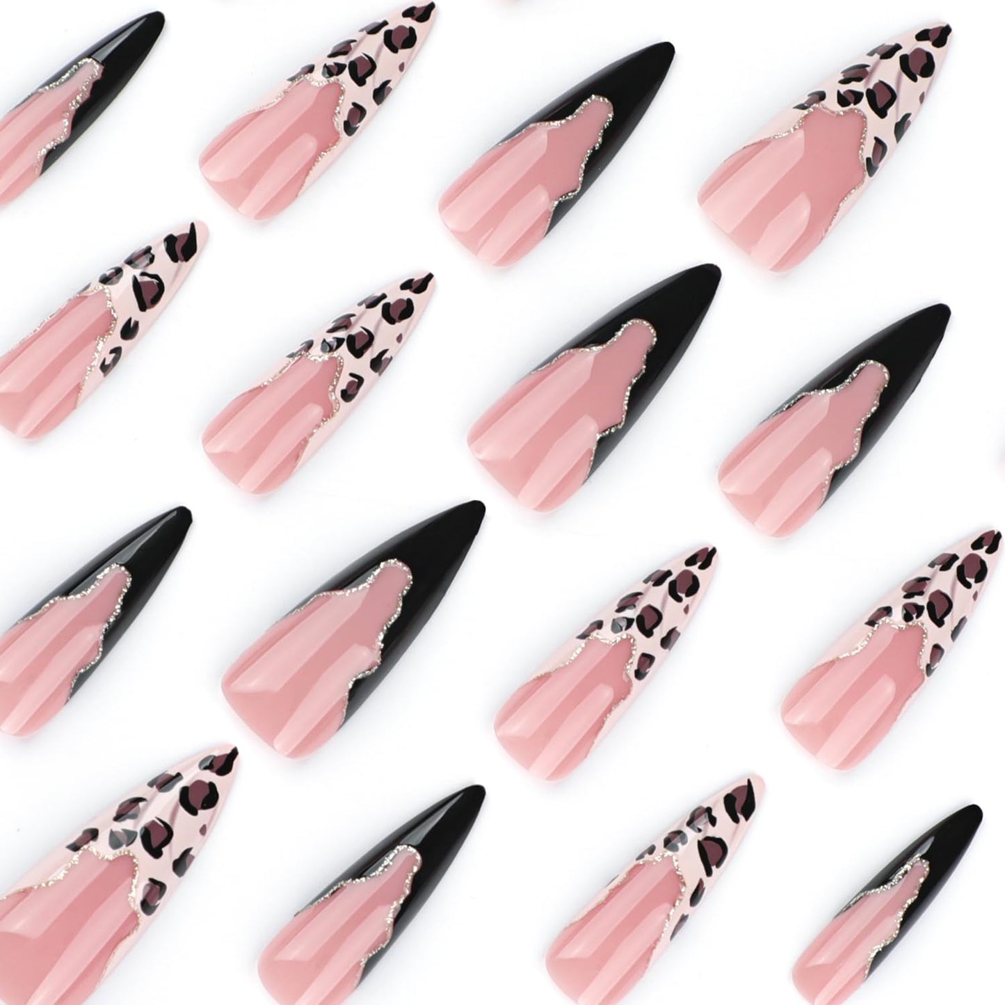 Stiletto Press On Nails Long Fake Nails Leopard Print With Glitter Design French Tip False Nails Artificial Glossy Reusable Acrylic Nail Full Cover Stick On Nail For Women Manicure Art 24pcs