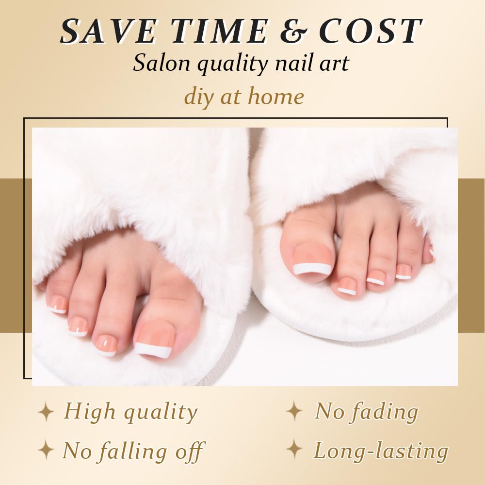 evpct French Press on Toenails Short Square, Summer Nude Brown + White Tip French Toe Nails Press ons Short Light Perfectly Fit Fake Toenails for Women with Kits Gel Stick, Fake Toenail Kit 32Pcs