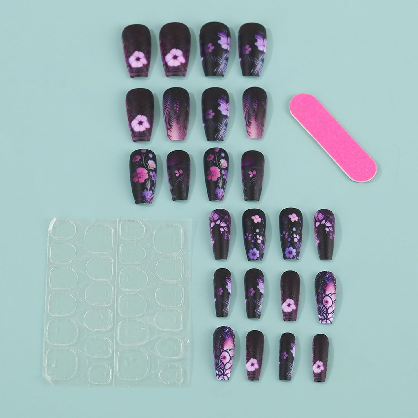 24pcs Flower Press on Nails Medium Length Fake Nails with designs Black Purple Acrylic Full Cover Coffin False Nails Matte Floral Stick on Nail Reusable Gel Glue on Nails for Women Girls Finger Decor