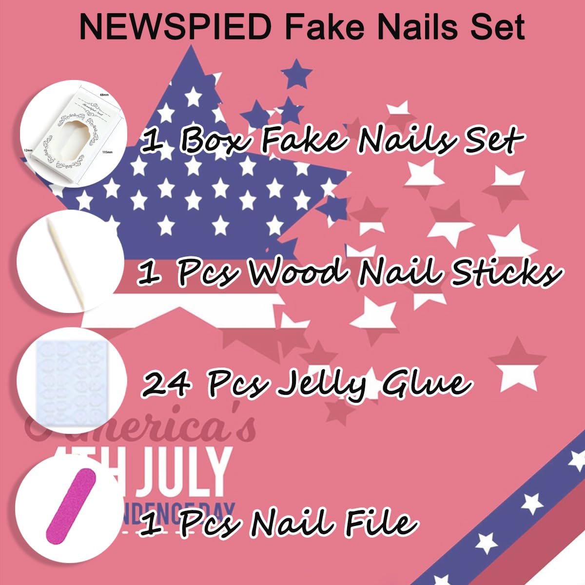 24Pcs 4th of July Press on Nails Short Square French Tip False Nails with Red White Blue Star Firework Designs Independence Day Fake Nails Patriotic Acrylic Stick on Nails for Women Holiday Manicure