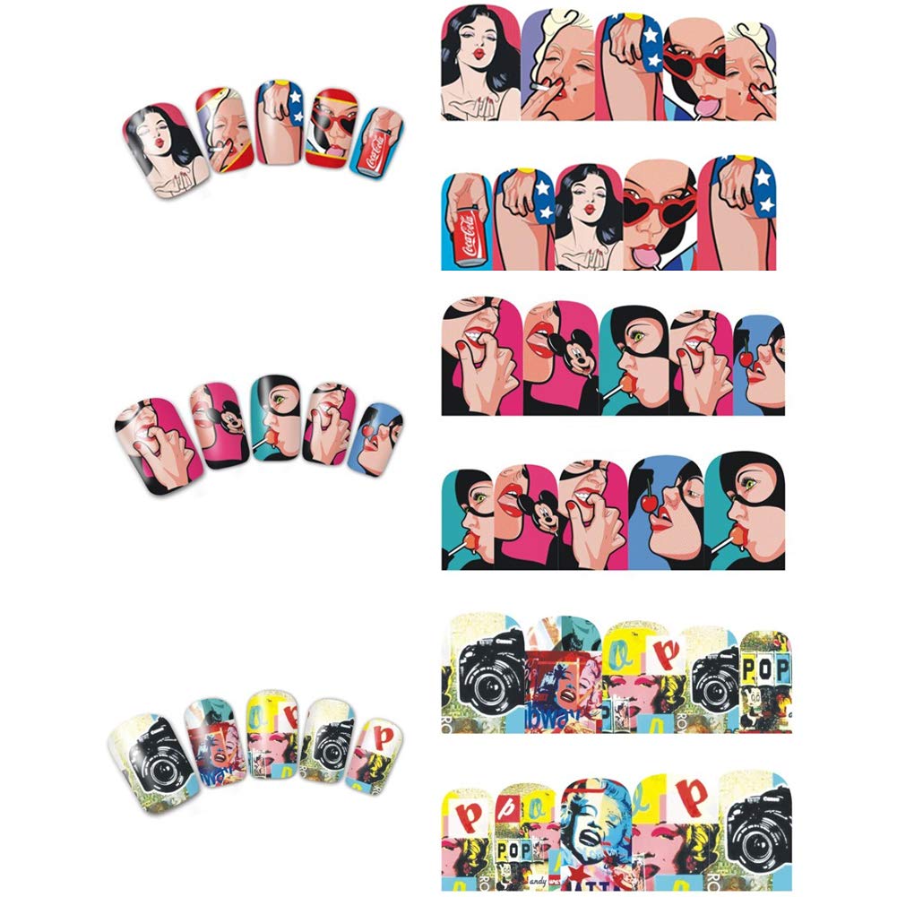 Towenm 12 Sheets Nail Art Stickers Water Transfer Nail Decals for Nail Art, Trendy Marvel Nail Wraps, Sexy Lip Pop Star Nail Decals, Manicure Nail Wraps, Red Kiss Lips Sexy Girl Pattern Nail Sticker - 120 Patterns