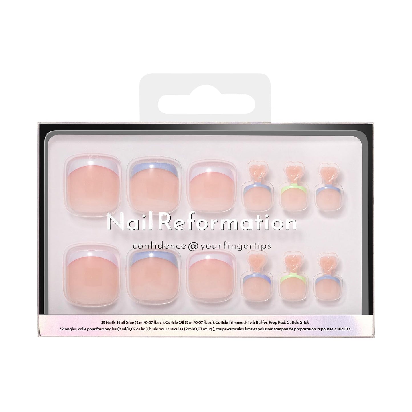 Nail Reformation Press On Toenails, Natural Nude Short Square Fake Toe Nails with Lavender Sky Blue Mint Green French Tip, Reusable Summer Toe Nail Kit - 32 Pcs / 16 Sizes with Glue, Gifts for Women