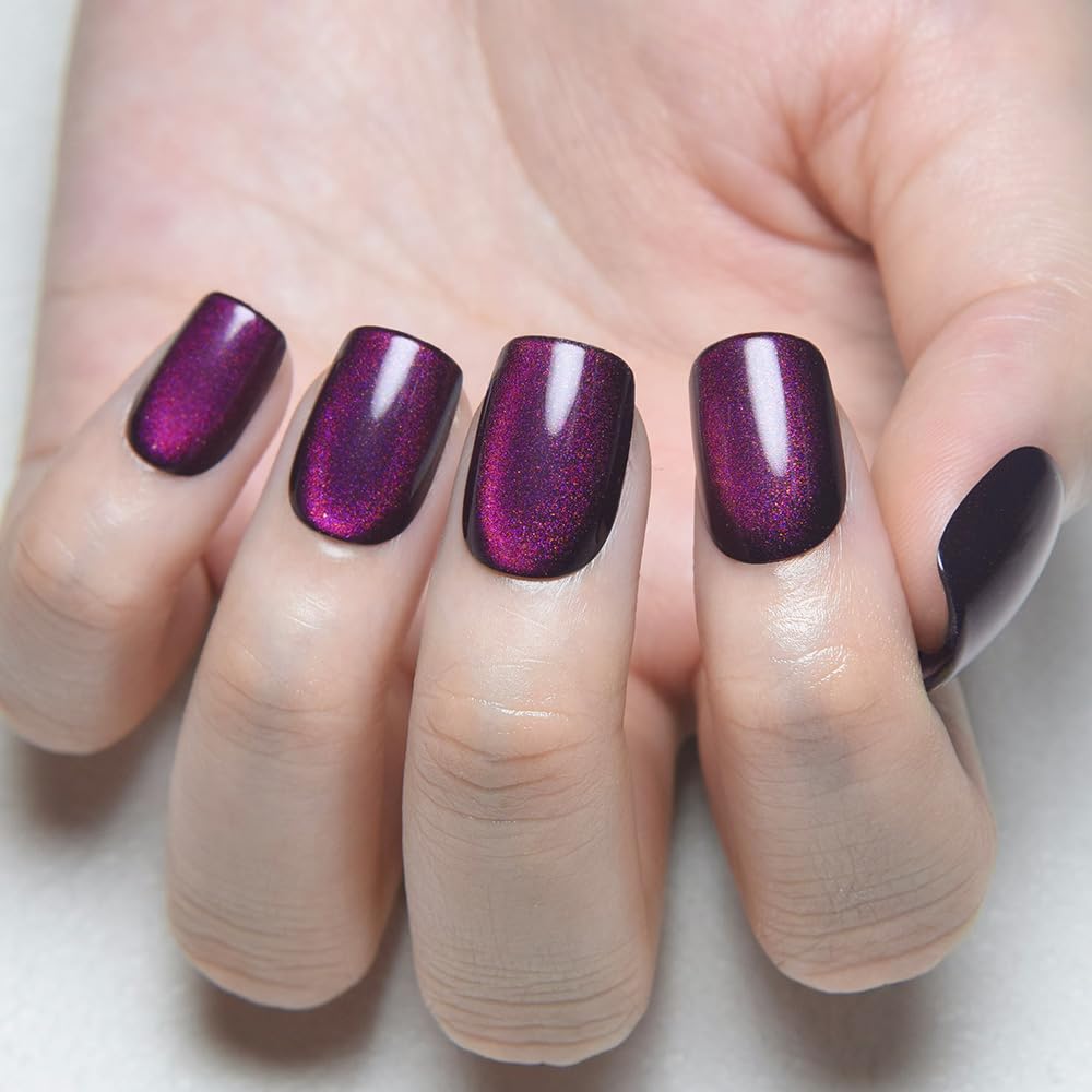 evpct Purple Cat Eye Press on Nails Extra Short Square, Petite Short Press on Stick on Nails for Women Gift, Dark Purple Holographic Glitter Glossy Reusable Stick on Gel Acrylic Fake Nail with Design
