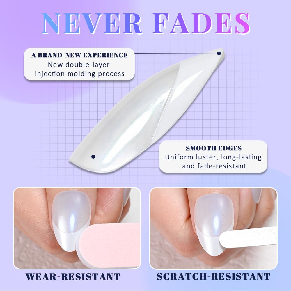 evpct Pale Nude Cat Eye French Tip Press on Nails Almond Medium No Glue, White French Tip Medium Almond Holographic Stick on Nails for Women Gift, Reusable Full Cover Soft Press on Nail Perfectly Fit