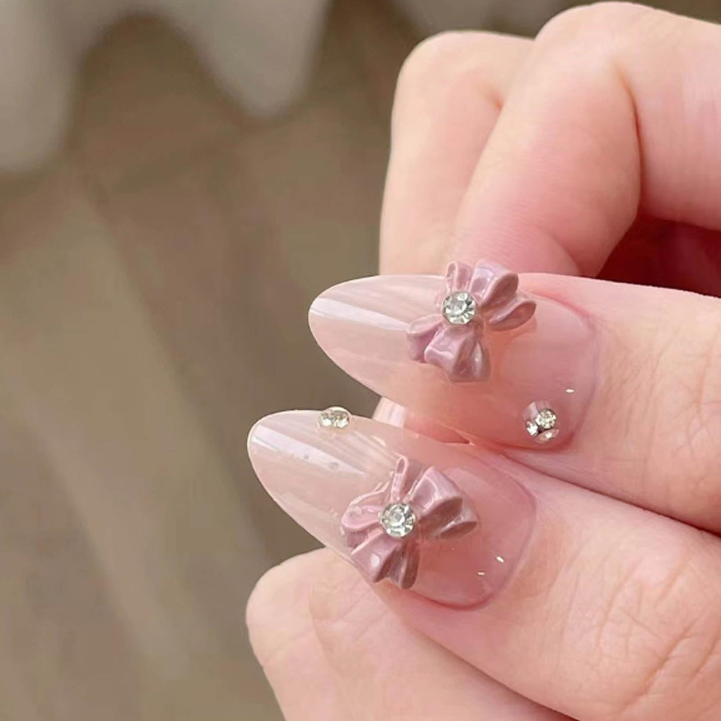 Hkanlre Long Press on Nails Pink Cute Fake Nails Tips Full Cover Almond False Nails for Women and Girls 24PCS