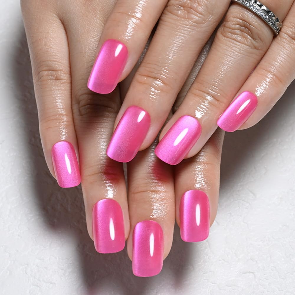 evpct Hot Pink Cat Eye Square Medium Press on Nails for Women, Rose Red Medium Square No Glue Stick on Nails with Cat Eye Design, Holographic Glossy Soft Nail, Reusable Press on Acrylic Fake Nail