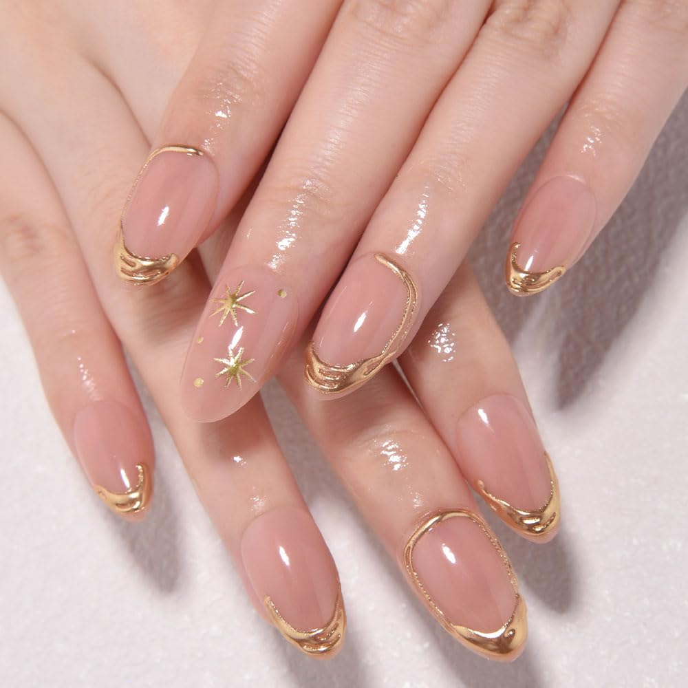 evpct Short Almond Press on Nails with French Tip & 3D Gold Line Star Design, Glossy Full Cover Acrylic False Nails with Glue, Reusable Stick - Glue on Fake Nails for Women- Fall Nail Art Gift