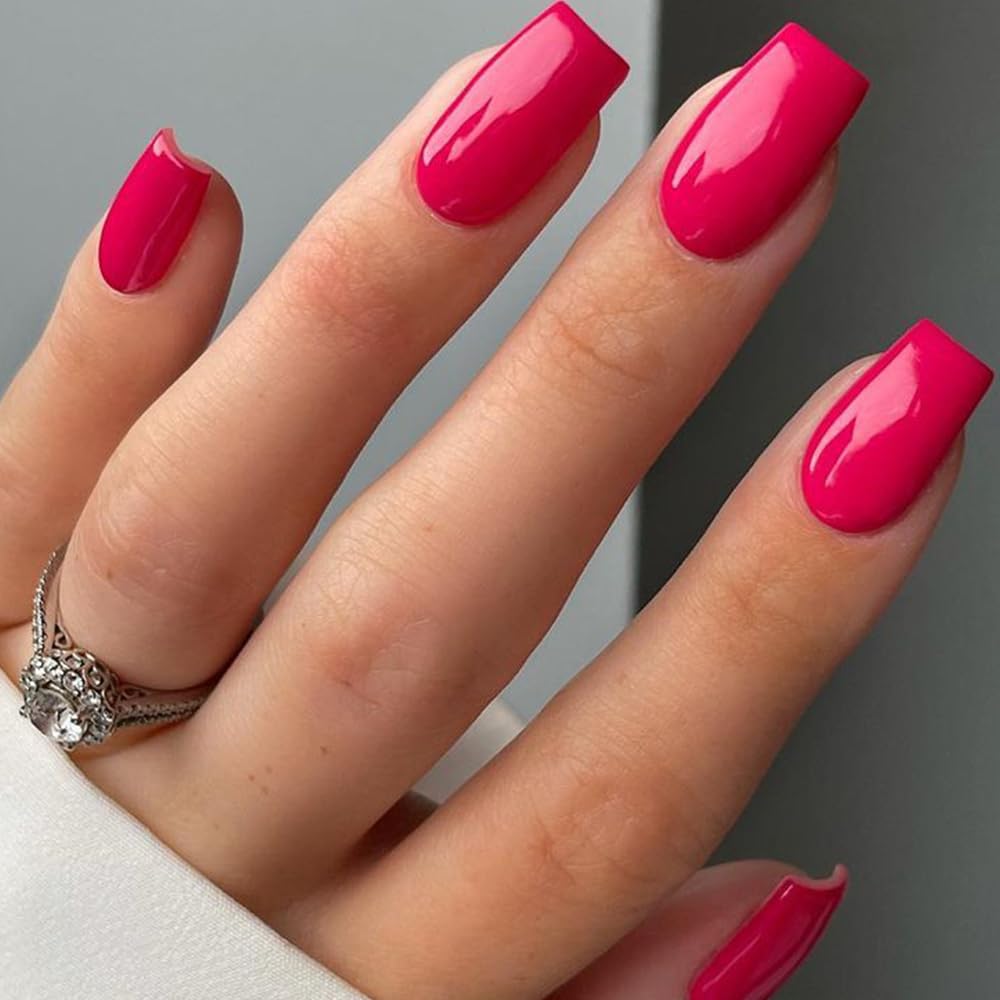 GLAMERMAID Gel Nail Polish Press on Nails Short, Handmade Hot Pink Fake Nails Medium Square, Handmade Burgundy Short Almond Fake Nails Coffin with Star Glitter Design, Reusable Acrylic False Nail
