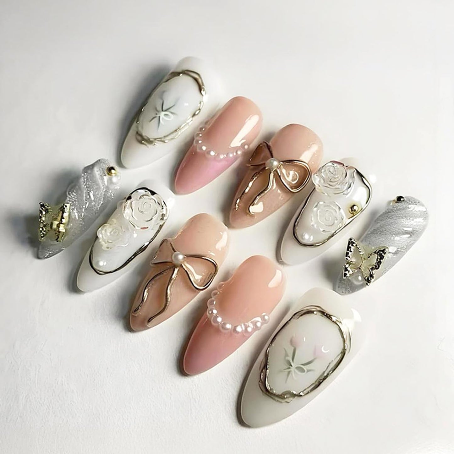 30pcs Almond Fake Nails 3D Gilded French Style Cute Gold Bow False Nail Tips with Rhinestone Pearl Press on Nails Set Butterfly Tulip Water Drop Full Cover Stick on Nails for Women Acrylic Nail Kit