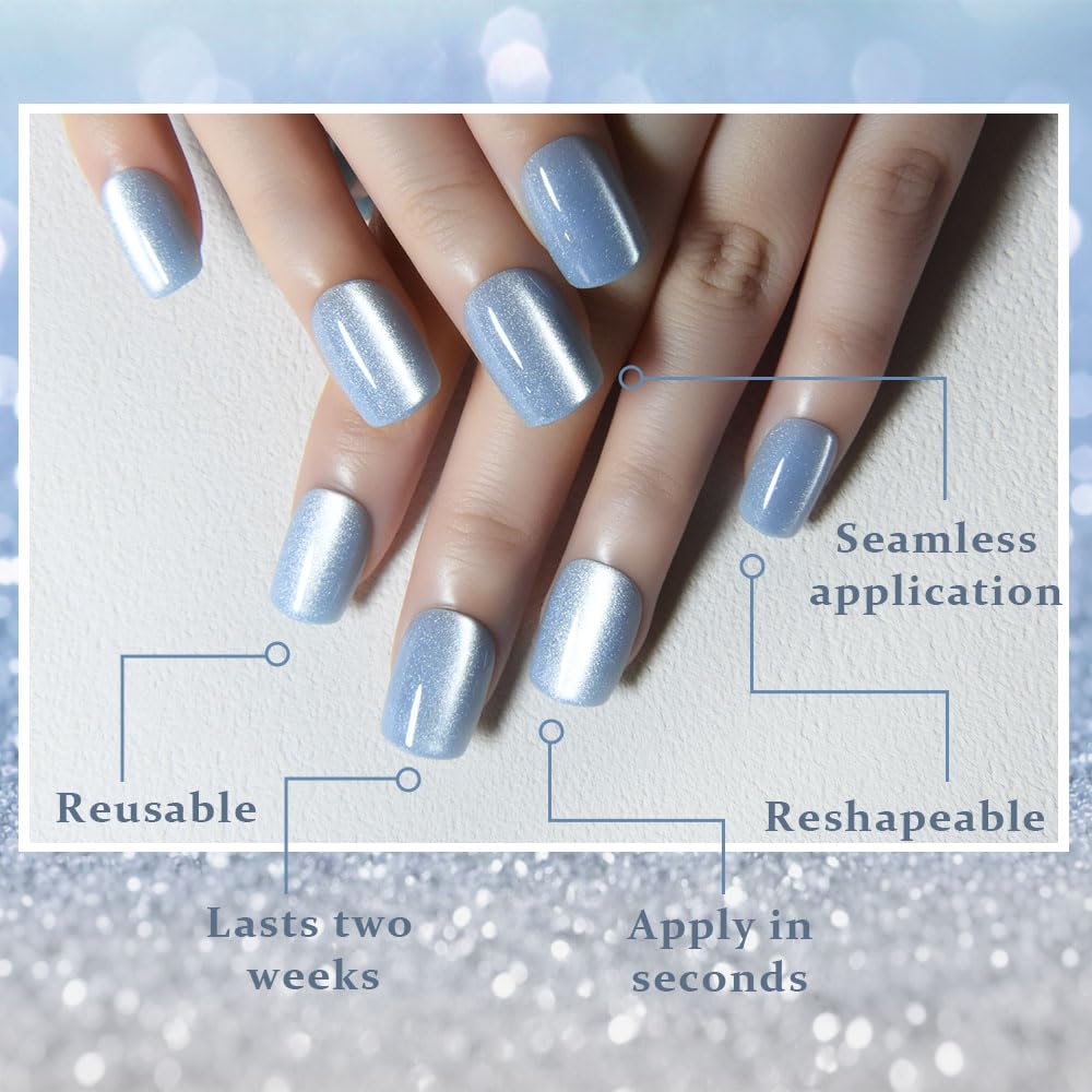 evpct Light Blue Cat Eye Short Square Press on Nails, Short Square Stick on Nails for Women, Light Blue Glitter Glossy Fake Nail Reusable Press on Acrylic Fake Nail with Holographic Cat Eye Design