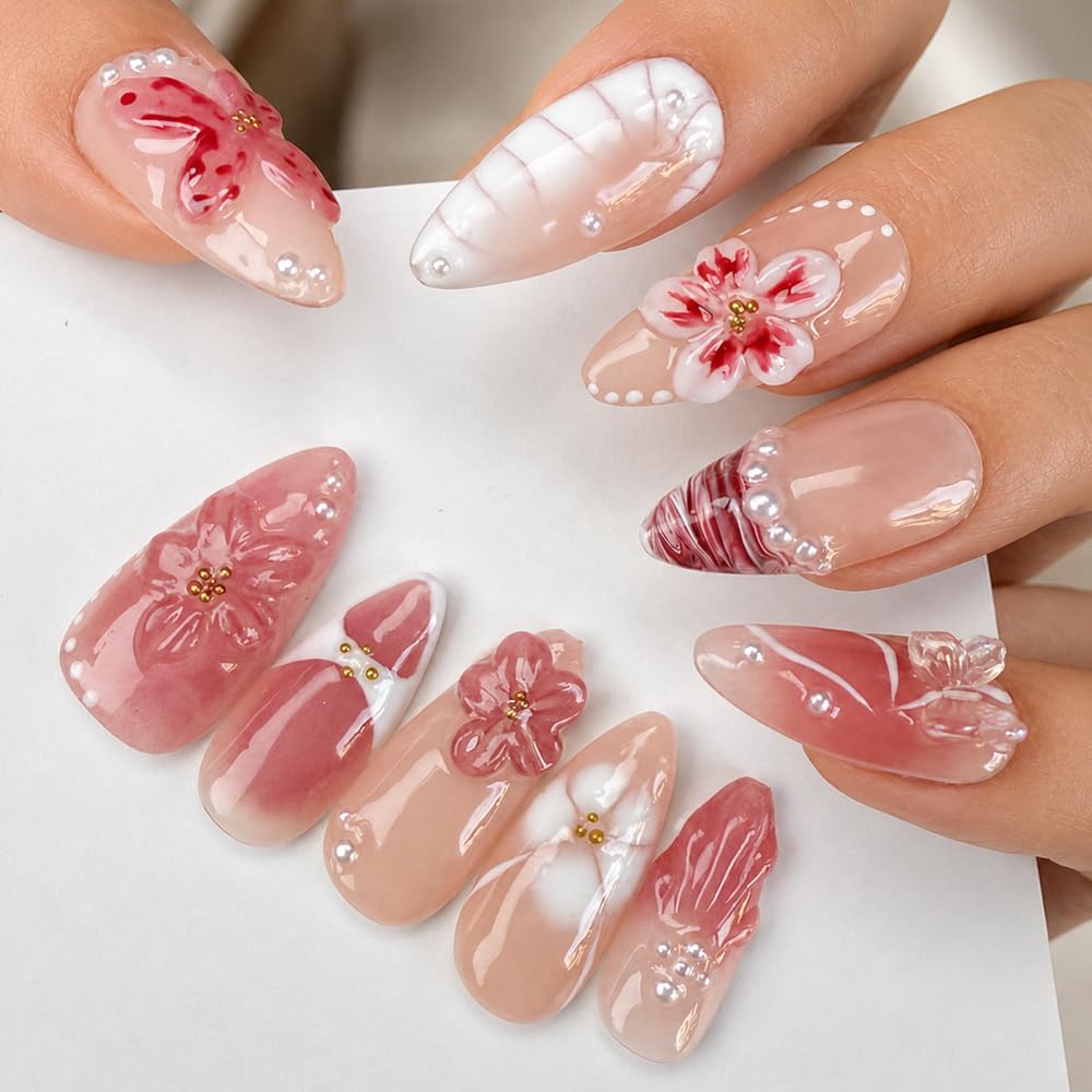 2IM Studio Handmade Press On Nails – 10 Piece Soft Gel Nail Kit with Glue & Tool Set, Reusable Artisan Nails, Salon-Quality Finish (Ruby Bloom-S)