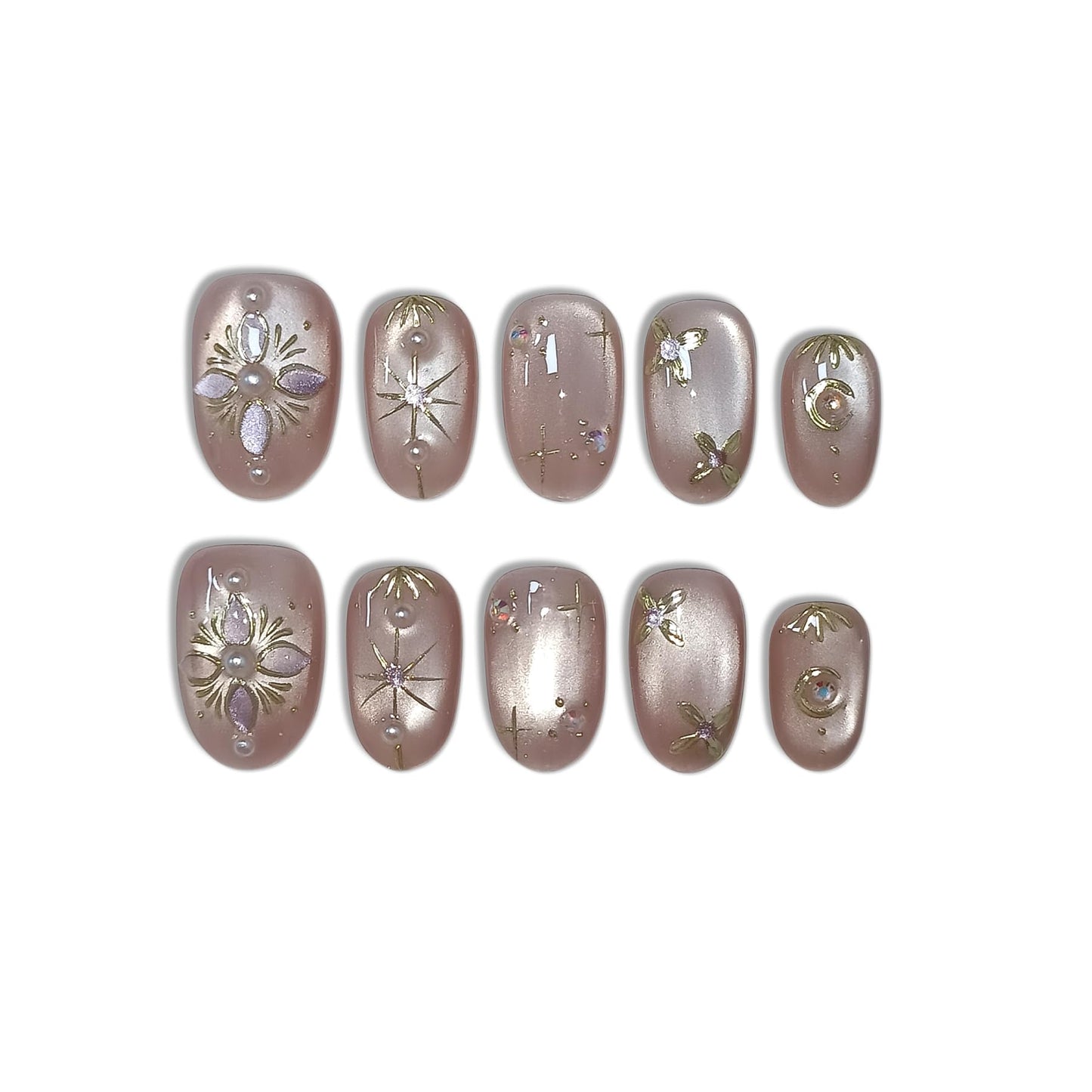 TENPAL Handmade Press on Nails Short Oval - Pink Cat Eye Glitter Sheer Nude Hand Painted Floral False Nails for Women - Glossy Acrylic Stick on Nails with Designs(S)
