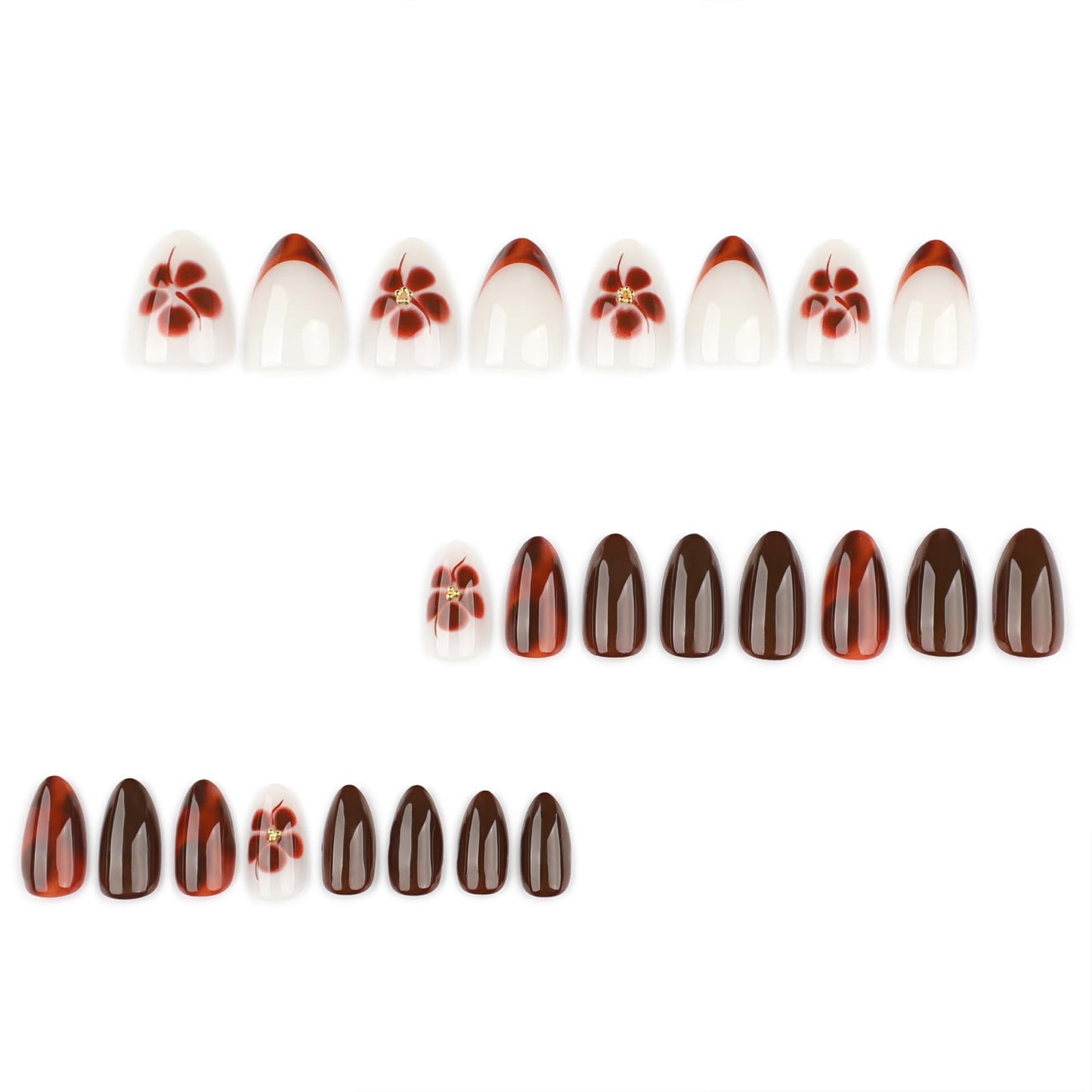 Mivota French Press On Nails Short Almond, Fall Fake Nails Adorned with Black and Burgundy Petal Accents, 3D Design, Glossy Gel Finish Acrylic Nails, Reusable Glue On Nails for Women, 24Pcs