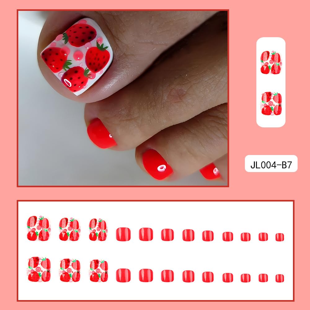 Red Press on Toenails Short Square Stick on Toenails with Strawberry Design 3D Pink Dots Fake Toe Nails Glossy Summer False Toenail Cute Spring Glue on Toenail for Women Girls Manicure 24Pcs