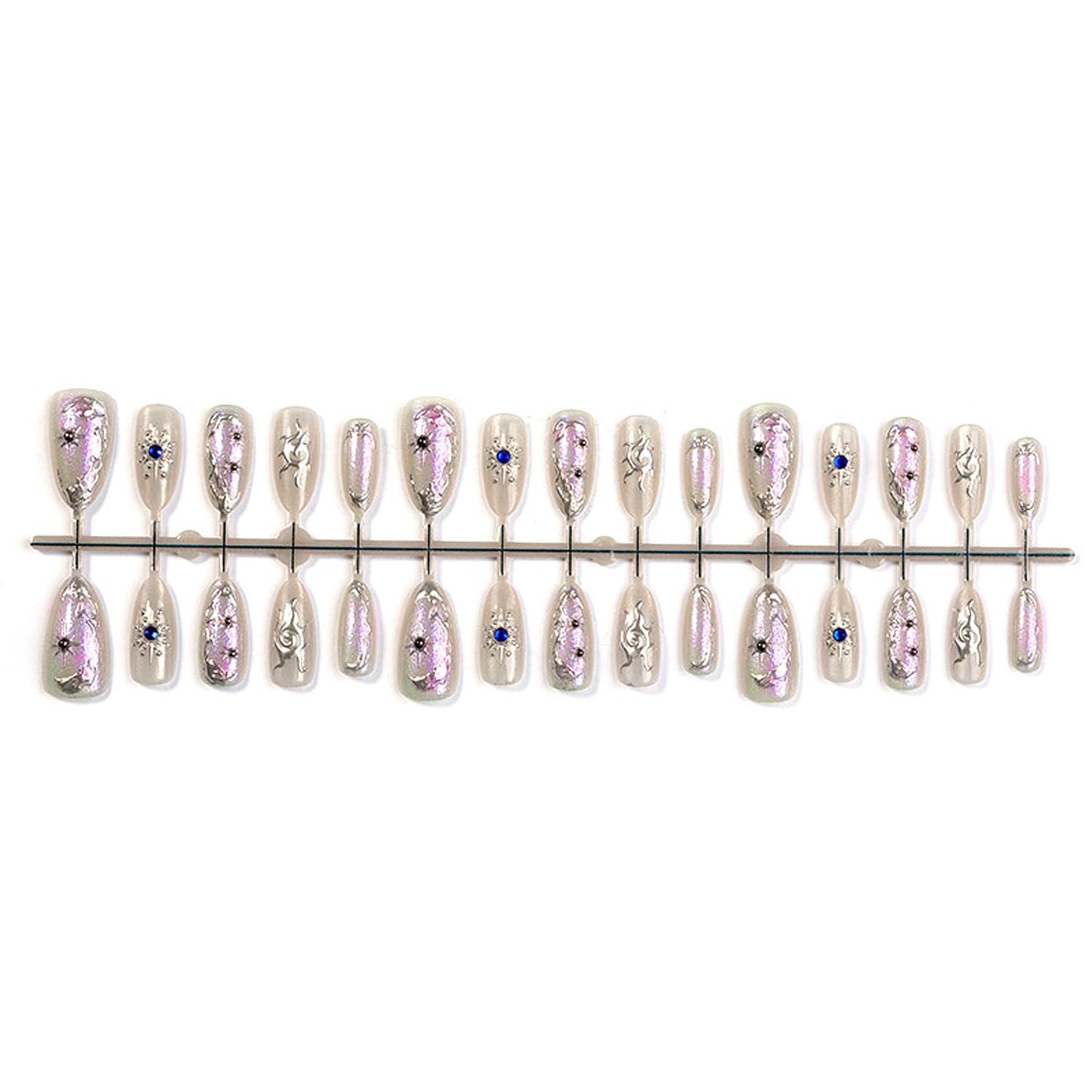 30Pcs Chrome Silver Press on Nails Short Almond French Fake Nails with 3D Blue Rhinestone Design Y2K Star Sun False Nails Glitter Full Cover Irregular Metal Silver Artificial Stick on Nails for Women