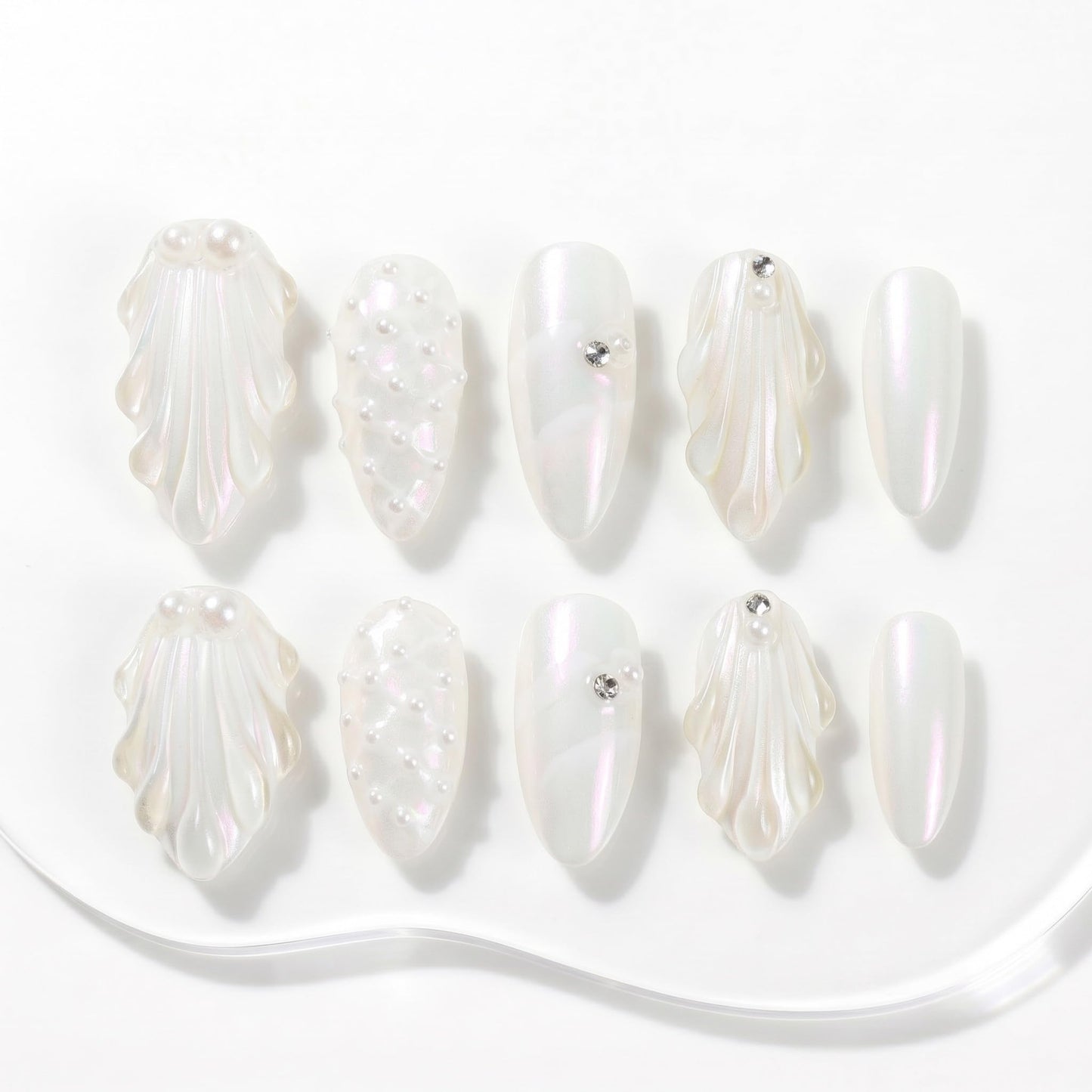 Sun&Beam Nails Handmade Press On Nail Medium Long Almond Oval Pink White Pearl Shell Fake Tip 3D Design Art Charms Cute with Storage Box 10 Pcs (#030 M)