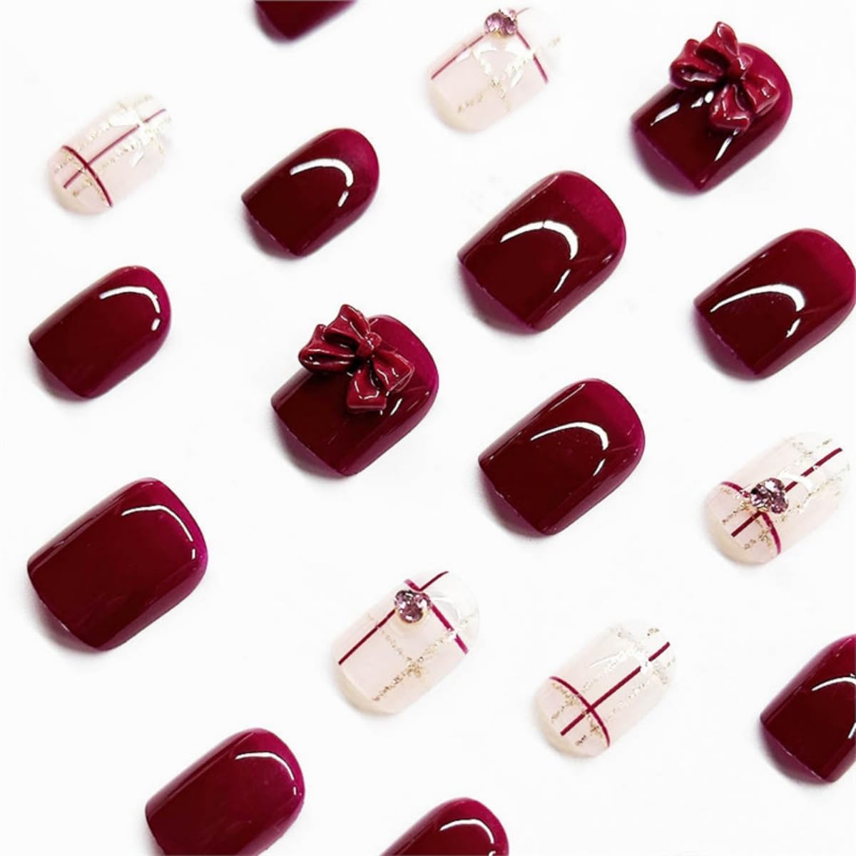 OCTOSWAVE Press on Nails Square Short Fake Nails Red Artificial Nail with Rhinestones and Bow Stick on Nail for Women 24pcs