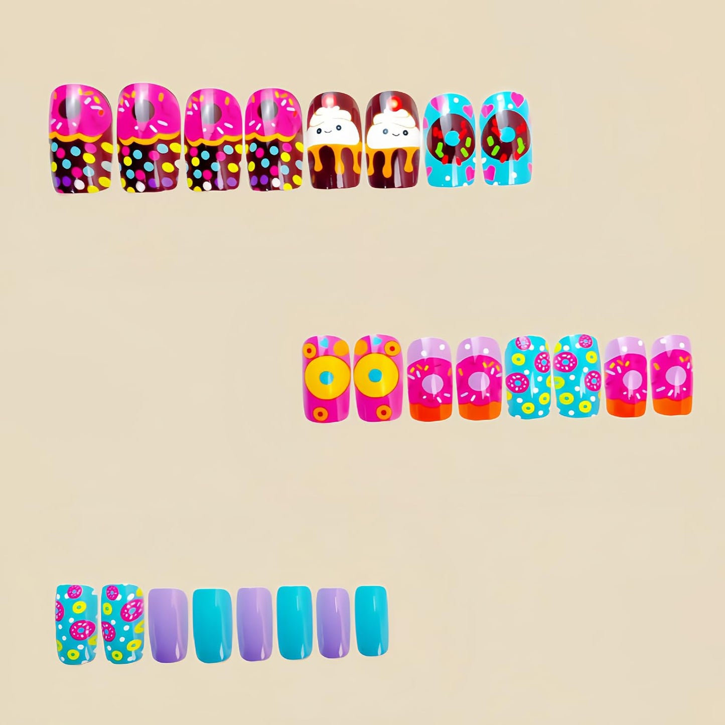 Cute Donut & Cupcake Themed Press on Nails Medium Coffin Shaped Fake Nails with Color Designs Square Press on False Nails Glossy Acrylic Nails Spring Summer Stick on Nail Art for Women Girls 24Pcs