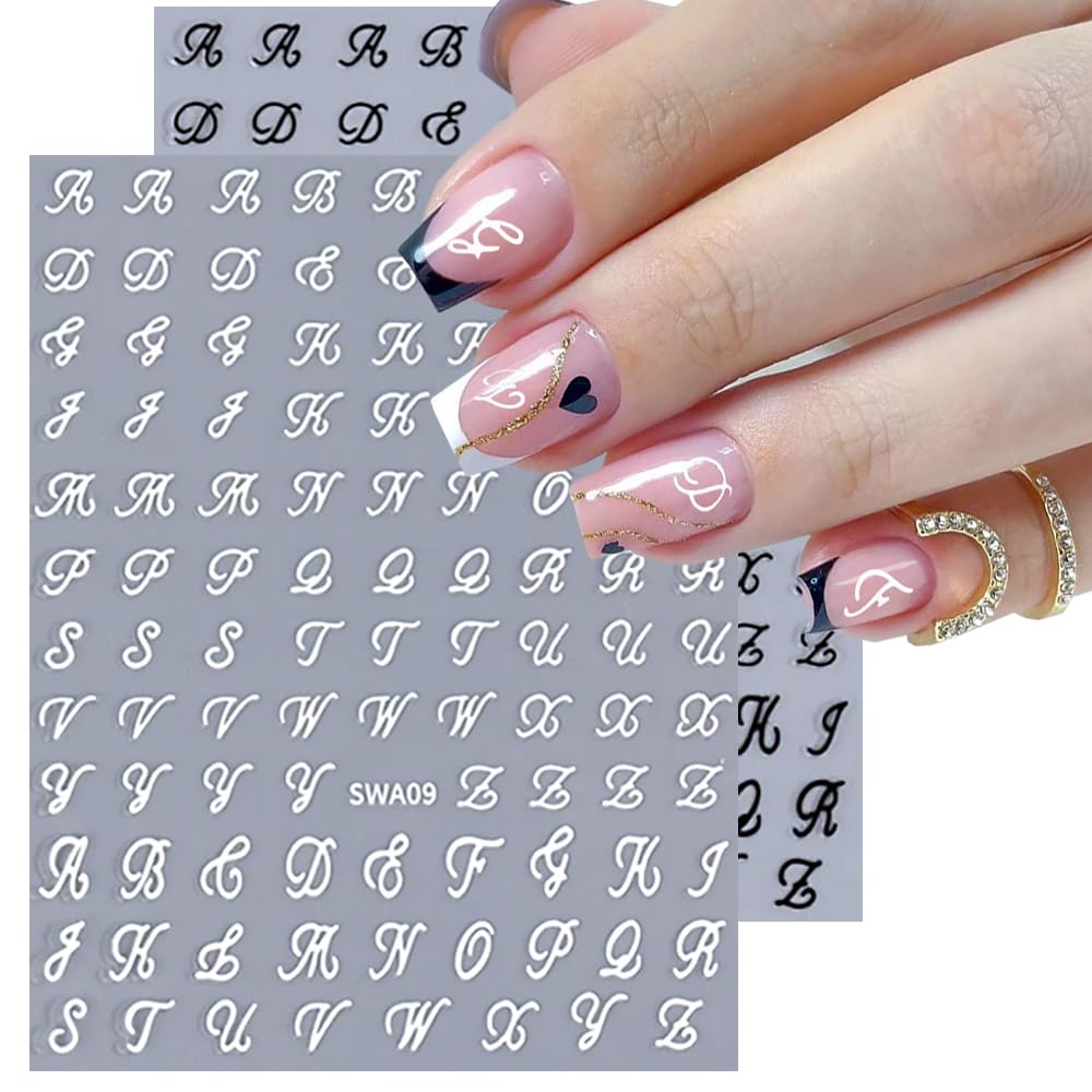 Letter Nail Stickers, 8 Sheets Old English Letter Nail Decals 3D Self-Adhesive Gold Silver Black White Retro English Pattern Old Alphabet Cursive Design Manicure Nail Accessories for Women Girls