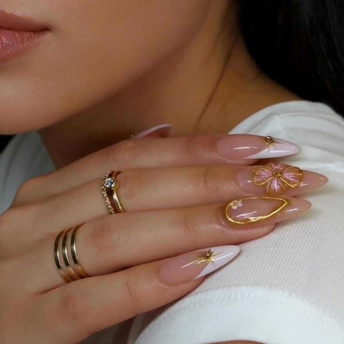 FJSMTOPl Flower Press on Nails 3D Spring Floral Fake Nails Press ons Almond French Tip False Nails Medium Acrylic Glue on Nail Cute Artificial Stick on Nail for Women Manicure 24Pcs