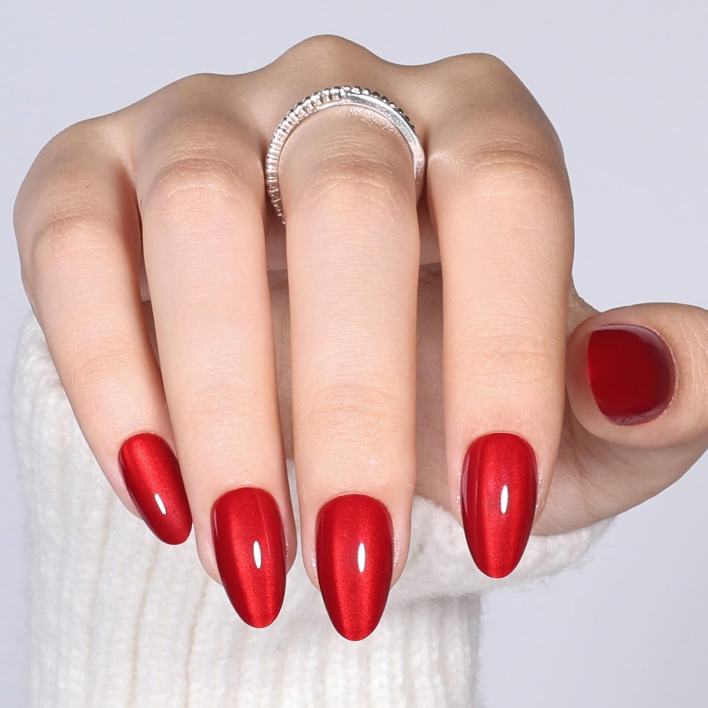 Red Cat Eye Press On Nails Almond Short - Short Almond Fake Nails, Red Cateye Press On Nails Reusable Stick On Nails in 16 Sizes, 32pcs False Nail Kit for Women & Girls (Garnet)