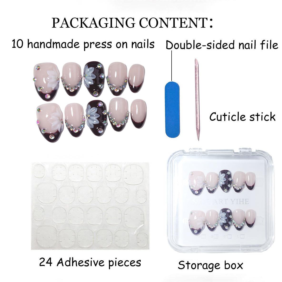 10Pcs Short Almond Handmade Press On Nails | Easy Apply & Remove, Reusable Salon Quality Nails | Elegant Burgundy French Tip Fake Nails with 3D Floral & Rhinestone Accents (RR04, XS)