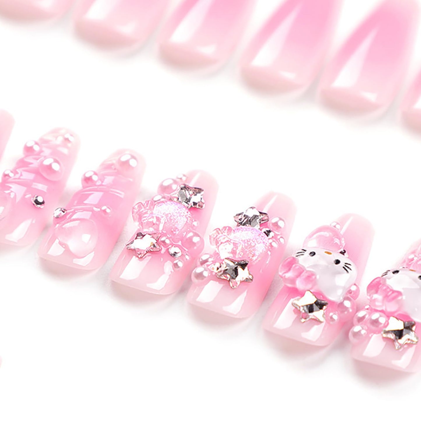 24Pcs Pink Press on Nails Long Coffin Fake Nails with Cute Rhinestones Designs 3D Bow Acrylic Nails Full Cover Cute Cartoon False Nail Set Diamond Star Bow Stick on Nails for Women
