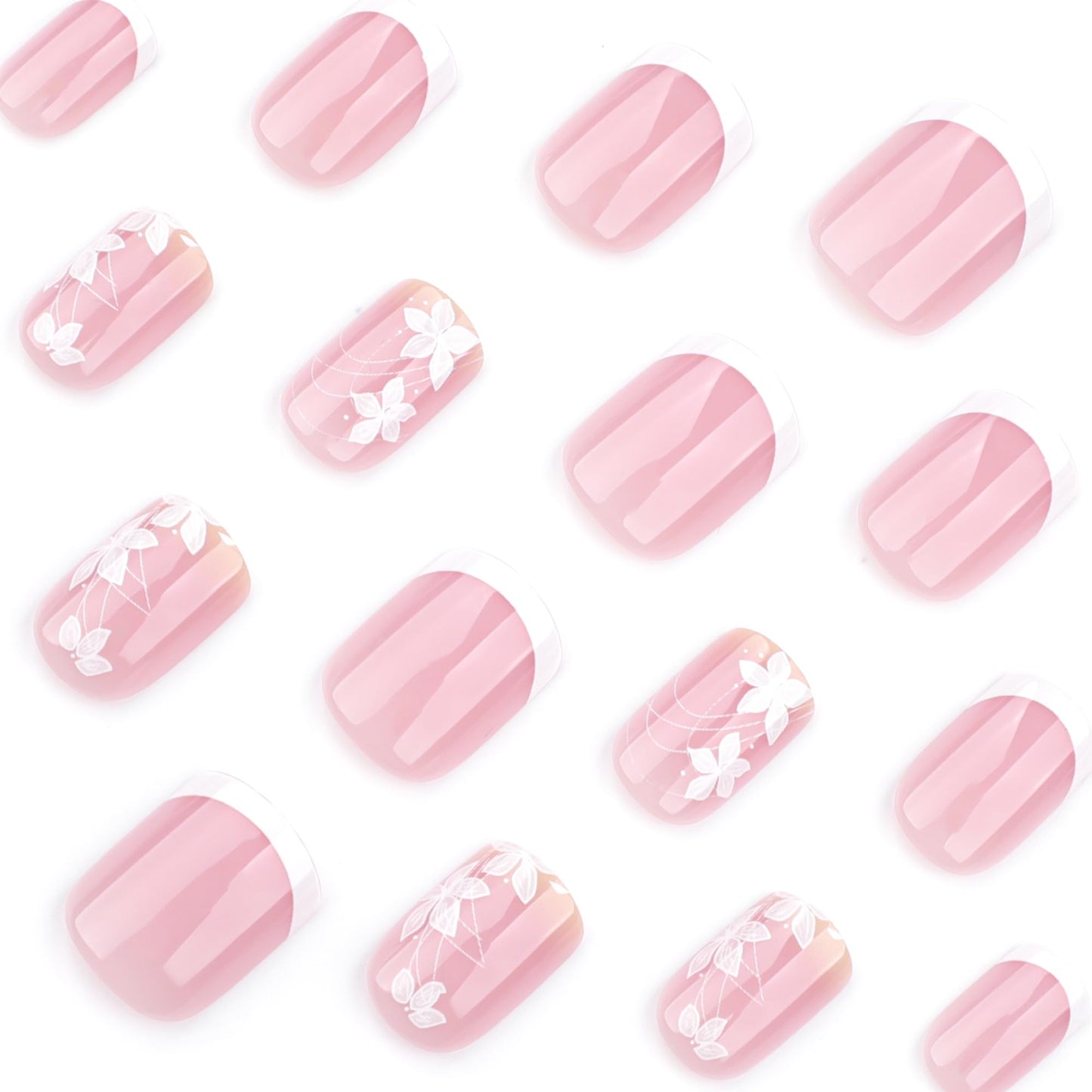 Spring Press On Nails Short Square, Nude Fake Nails with White French Tips Delicately Adorned with White Floral Accents, Glossy Gel Finish Acrylic Nails Press Ons Short Thick Natural Glue On Nails Kit