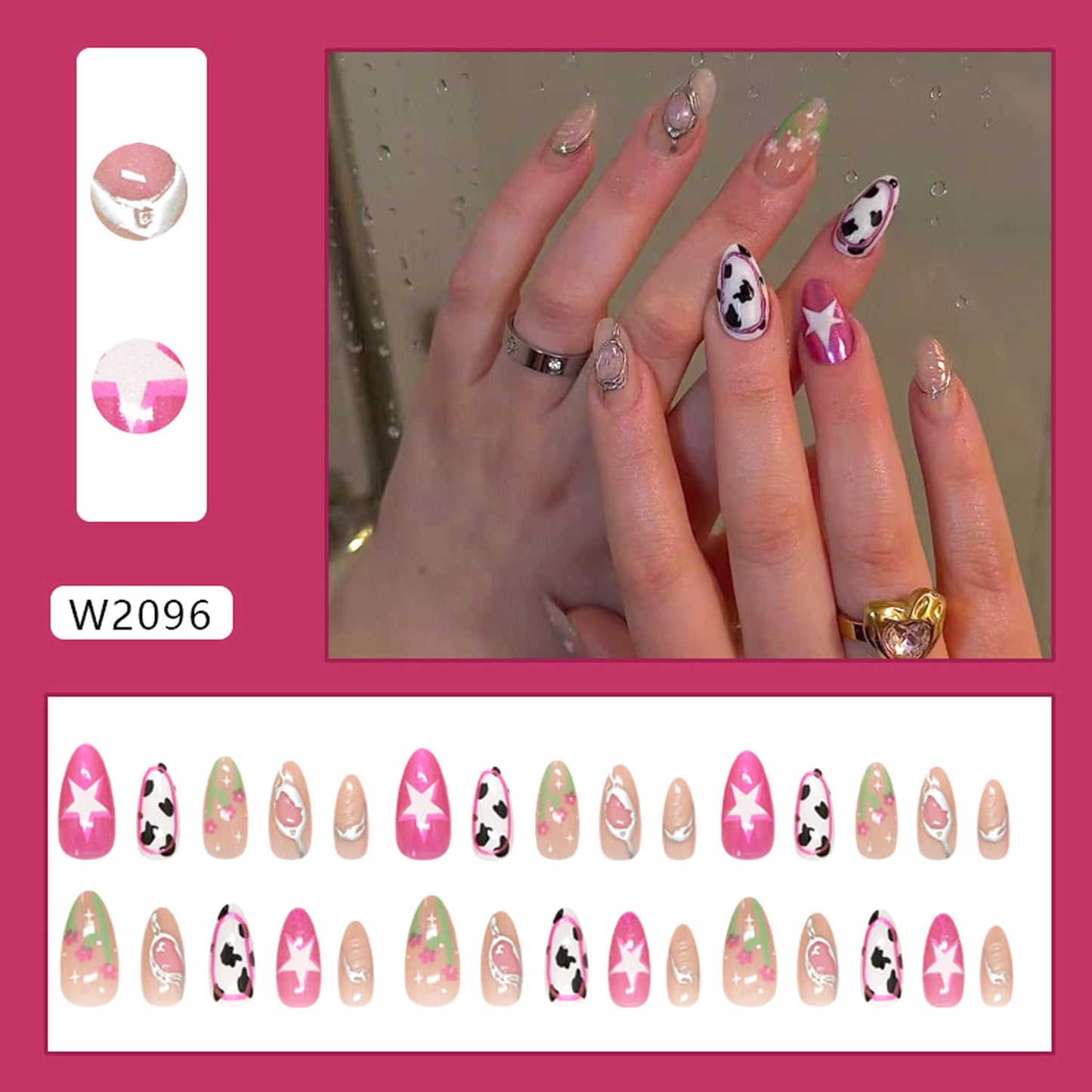 30Pcs 3D Chrome Silver Press on Nails Medium Almond Fake Nails Pink Magnetic Shimmer Designs False Nails Cow Print Artificial Nails Nude Glossy Full Cover Star Flower Acrylic Stick on Nail for Women