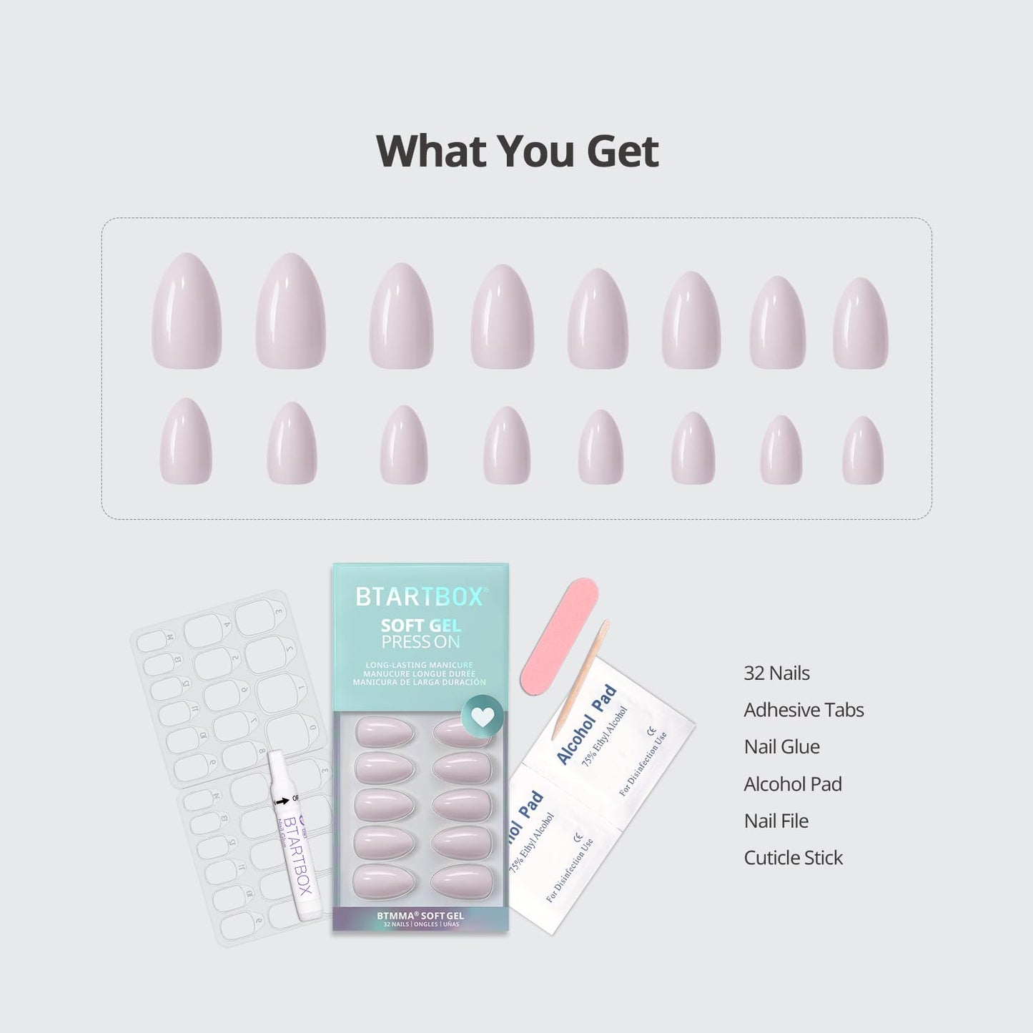 BTArtbox Press On Nails Almond - Pastel Purple Short Press On Nails with Glue for Women, Opaque Soft Gel Glue On Nails in 16 Sizes - 32 Stick On Nails Kit, Satin Memo