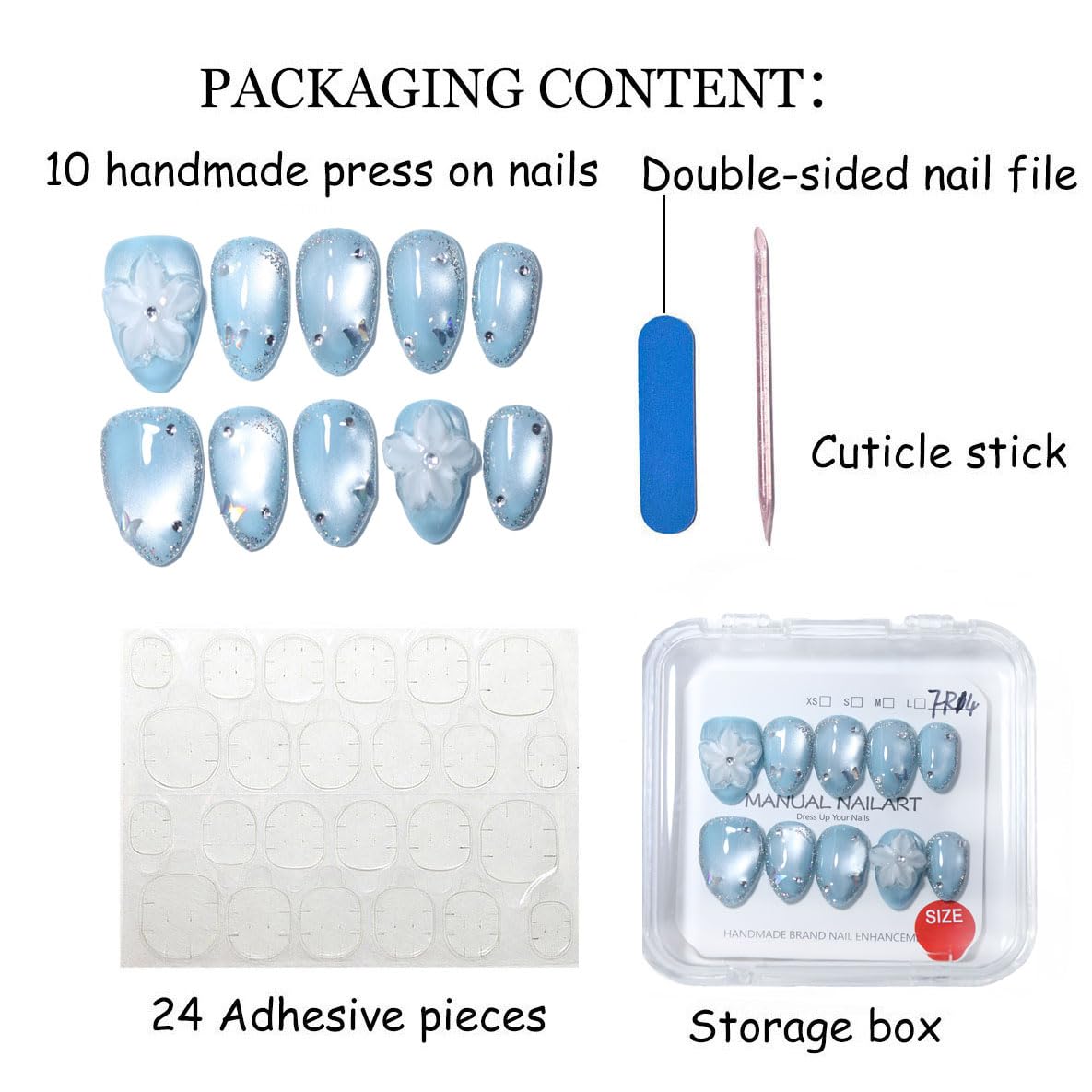 10 Pcs Short Almond Handmade Press On Nails | Sky Blue Cat Eye with 3D Floral & Rhinestone Accents | Reusable, Easy to Apply & Remove, Salon-Quality Manicure (RR16, S)