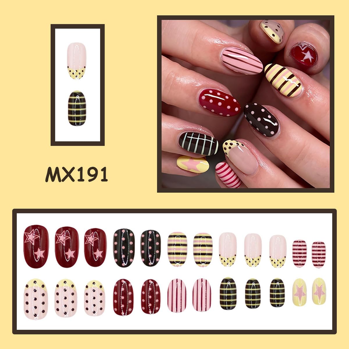 Summer Press on Nails Colorful Fake Nails Short Almond Nails Press ons with Star Lines Polka Dot Design Cute Nails Full Cover Acrylic Glue on Nails for Women Girls Manicure 24Pcs