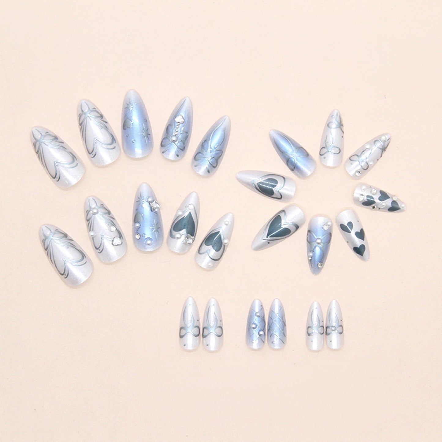 24pcs Dark Blue Press on Nails Medium Almond Fake Nails Press on With Hand Drawn Metal Lines Design Full Cover False Y2k Glitter Press On Sparkling Heart Bow Pearl Full Cover Stick on Nails for Women