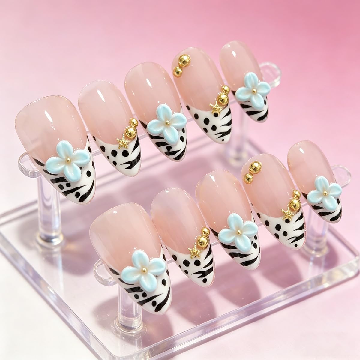 Handmade Press on Nails Almond French Tips with 3D Blue Flowers, Gold Charms and Zebra Print, Glossy Finish 10 Count M Size