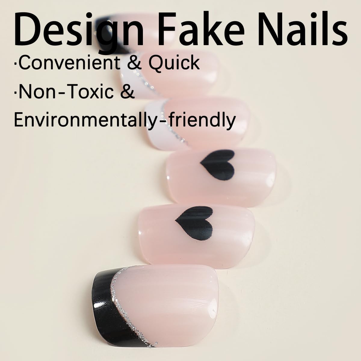 Short Press on Nails Square - French Tip Fake Nails with Black Heart Design - Glossy Full Cover Stick on Nails - for Women 24 Pcs